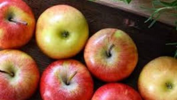 تفاحة حمراء كاملة مع قطعة مقطعة، تظهر القشرة واللب، وتوضح فوائد الألياف والمغذيات.