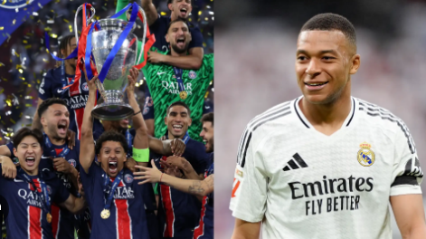 كيليان مبابي يهنئ باريس سان جيرمان بعد الفوز بدوري أبطال أوروبا.