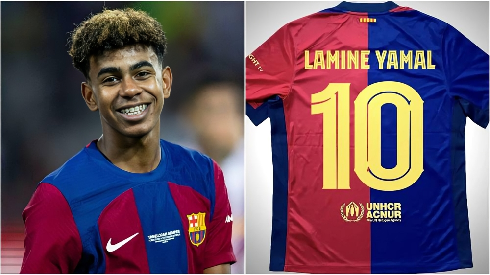 لامين يامال بقميص برشلونة رقم 10.