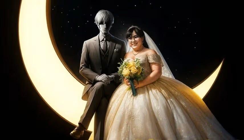 كانو ترتدي نظارات واقع معزز أثناء زفافها الرمزي مع شخصية الذكاء الاصطناعي كلوس.