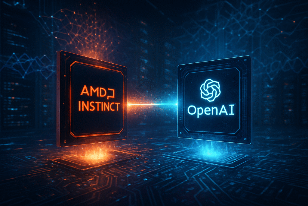 شعار شركة إنفيديا بجانب شعار AMD في خلفية تُظهر تكنولوجيا الذكاء الاصطناعي