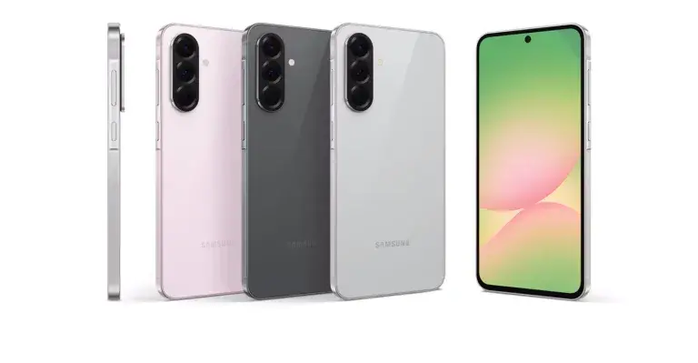 صورة توضيحية لهاتفَي سامسونج Galaxy A36 و Galaxy A56 جانبيًا تُظهر الشاشة والنص بالطابع الإعلامي