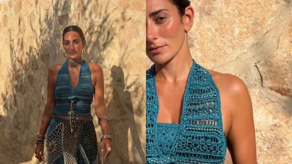 أمينة خليل بإطلالة صيفية جريئة من الكروشيه باللون الفيروزي وتنورة طويلة باللونين الأزرق والبيج